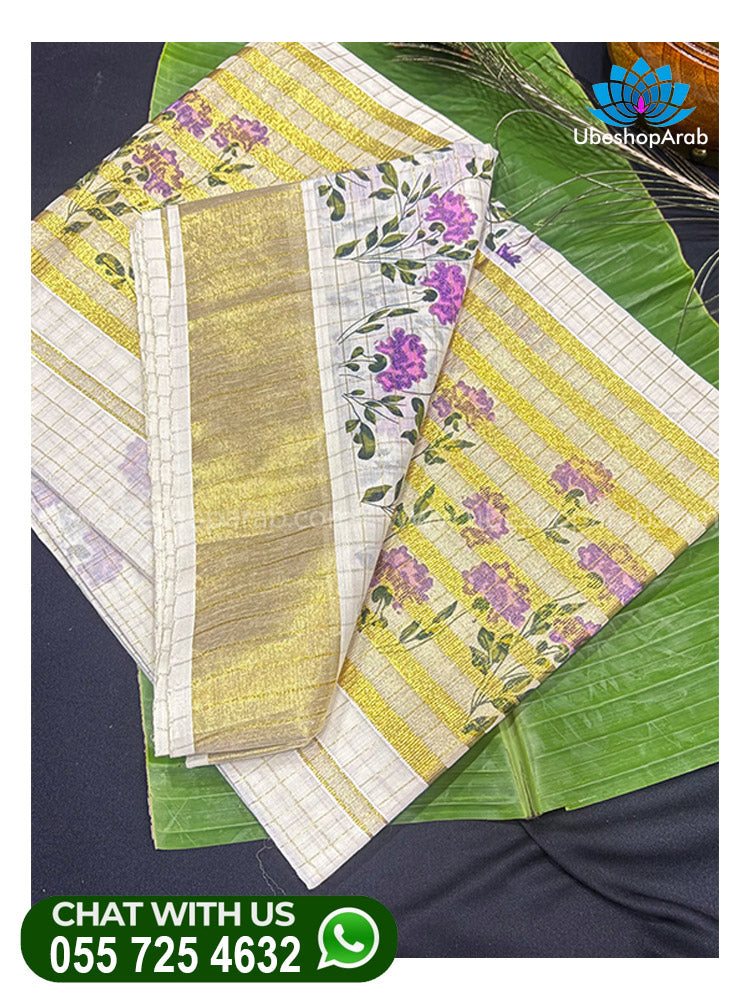 FLOWER PRINTE WITH LINE KASAVU SAREE