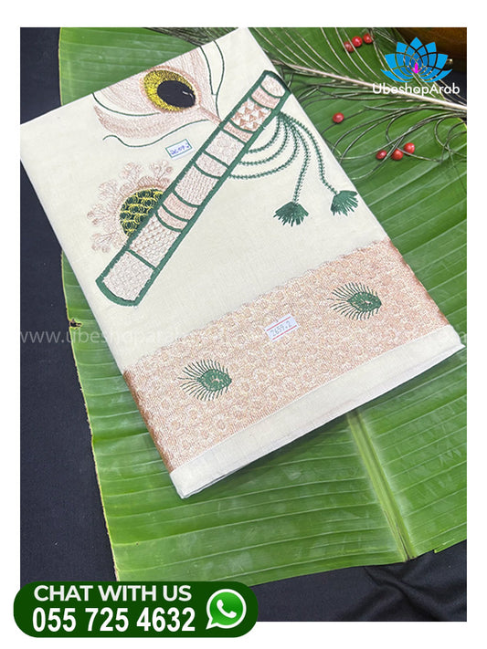 ODAKUZHAL MAYIPEELI EMBROITRY WORK GREEN COLOUR SAREE