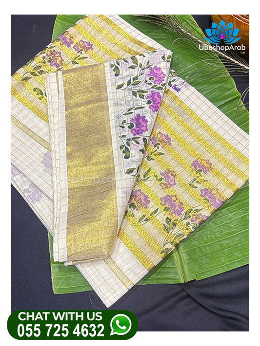 FLOWER PRINTE WITH LINE KASAVU SAREE
